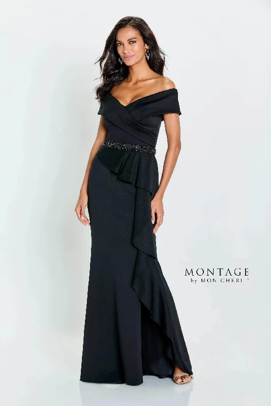 Best Seller Montage by Mon Cheri 221976W - Off-Shoulder Ruffle Draped Evening Gown