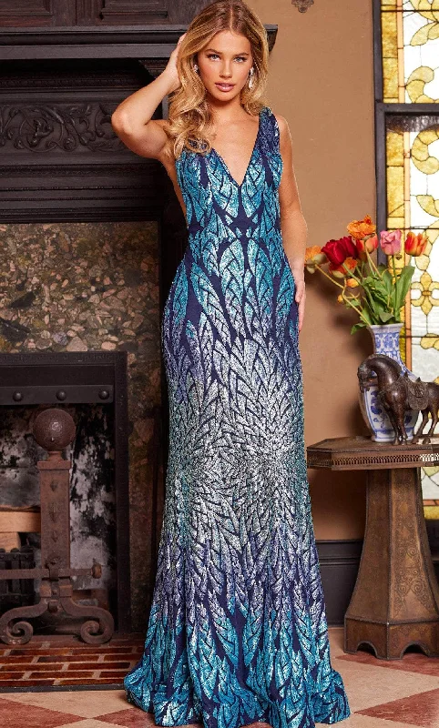 Steals and Deals Jovani 25687 - Deep V-Neck Sheer Sides Classic Prom Gown