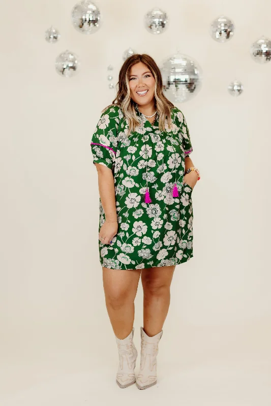 Deal of the Week Green Floral Puff Sleeve Tie Detail Mini Dress