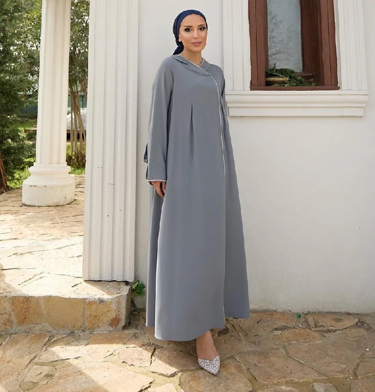 Extra Discounts Modern Muslim Woman's Elegant Hooded Abaya with Rhinestones - 36004 Grey Extra Discounts Modern Muslim Woman's Elegant Hooded Abaya with Rhinestones - 36004 Grey
