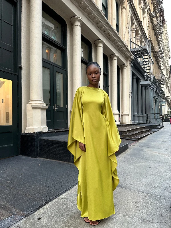 Year-End Sale Chartreuse Satin Kaftan Dress