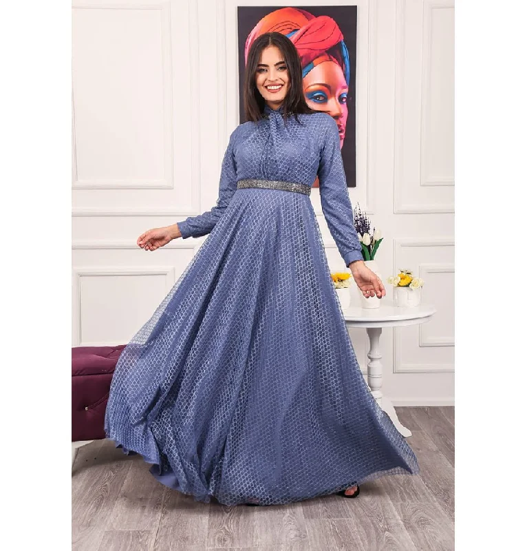 Online Only Modest Formal Embellished Dress G482 Blue