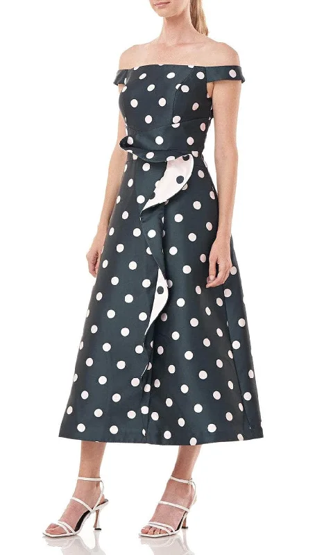 Hurry In Kay Unger 5517419 - Off-Shoulder Polka Dot Printed Tea-Length Dress