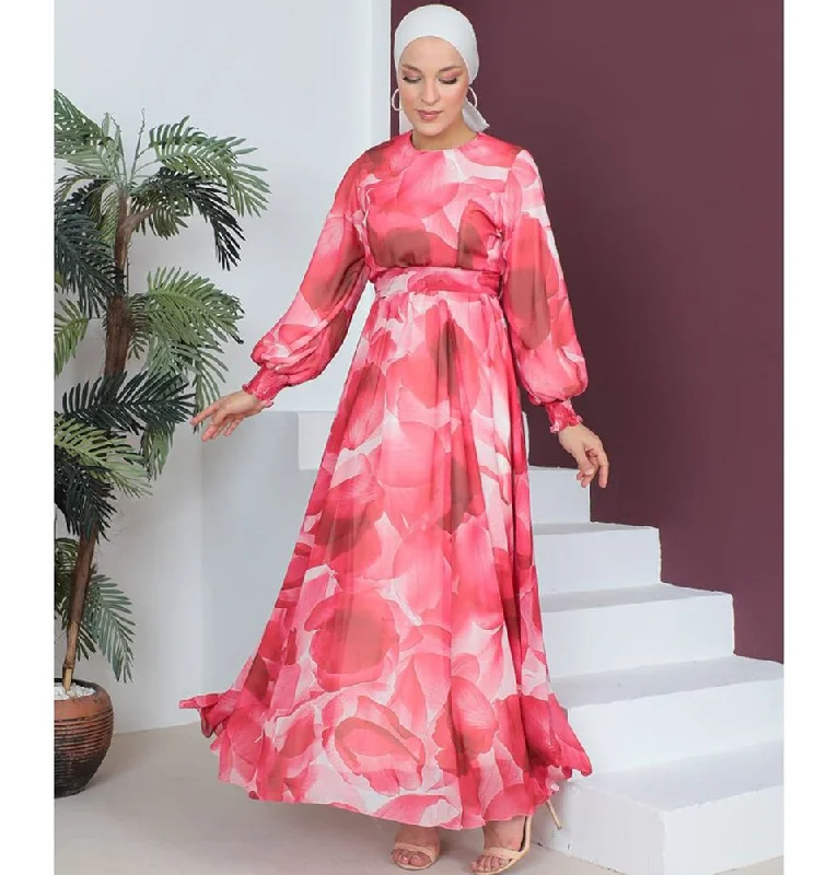 The Best Prices Modest Women's Dress Flower Petal 7999-55 - Raspberry