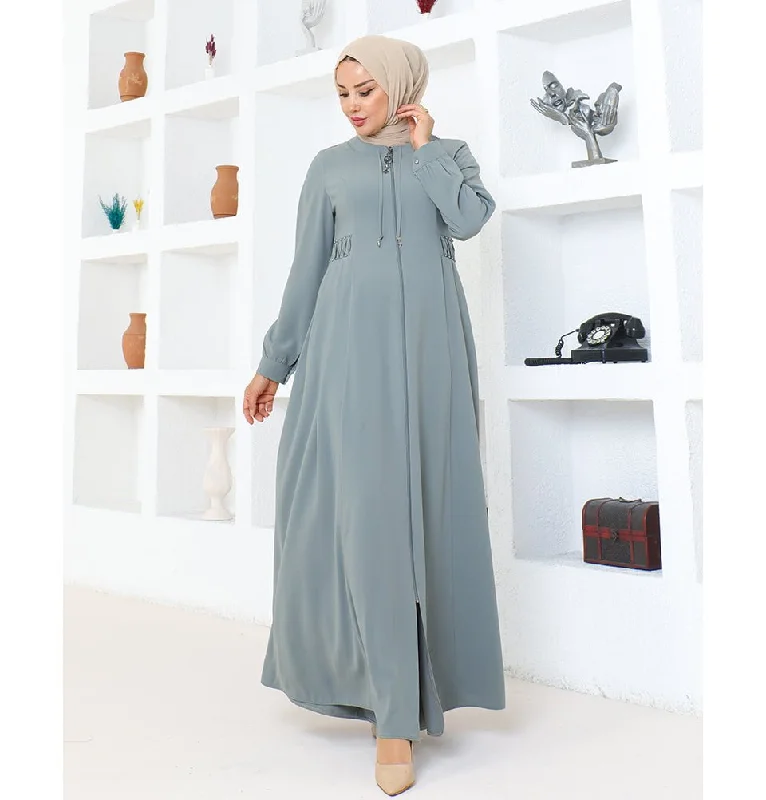 Overstock Modest Muslim Woman Pearled Twist Zip Up Abaya - 1113 Grey