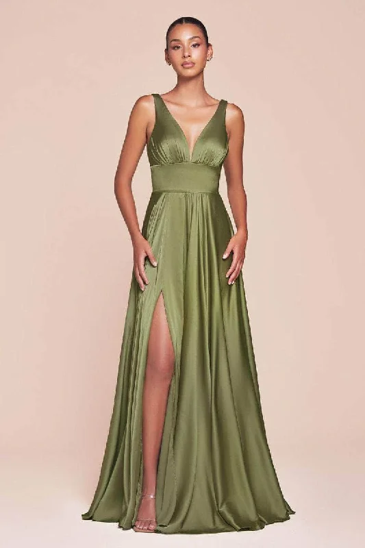 Price Rollback Cinderella Divine - 7469 Satin V-Neck A-Line Dress with Slit