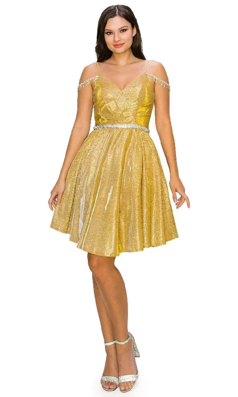 Act Fast Cinderella Couture 8014J - Glittered Cold Shoulder Cocktail Dress