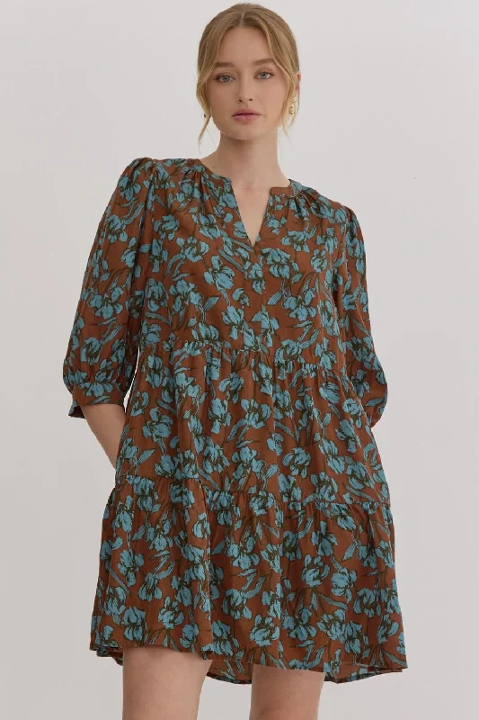 Weekend Special Floral Print Half Sleeve Mini Dress - Brown
