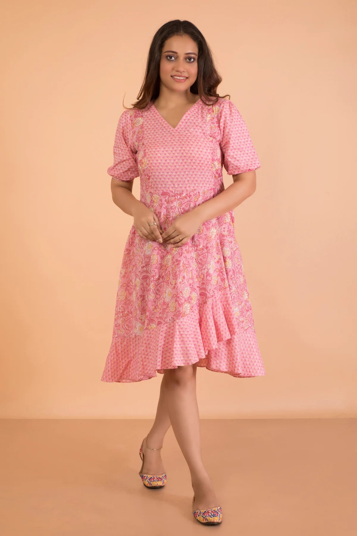 Today’s Special Overlapping Puff Sleeved Pink Hand Block Printed Dress