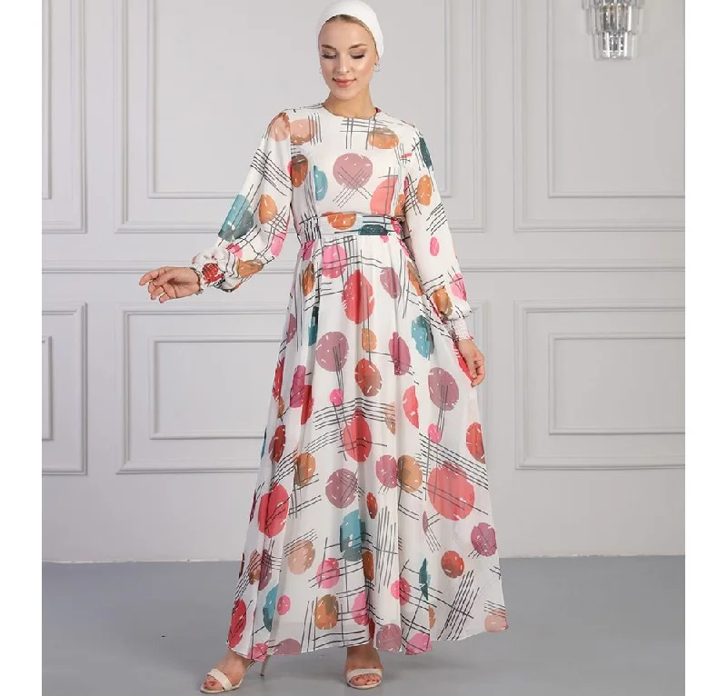 Price Rollback Modest Women's Dress Spotted Abstract 7999-29 - Red and Multicolored