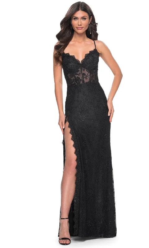 Deal of the Day La Femme 32080 - Beaded Lace V-Neck Prom Gown