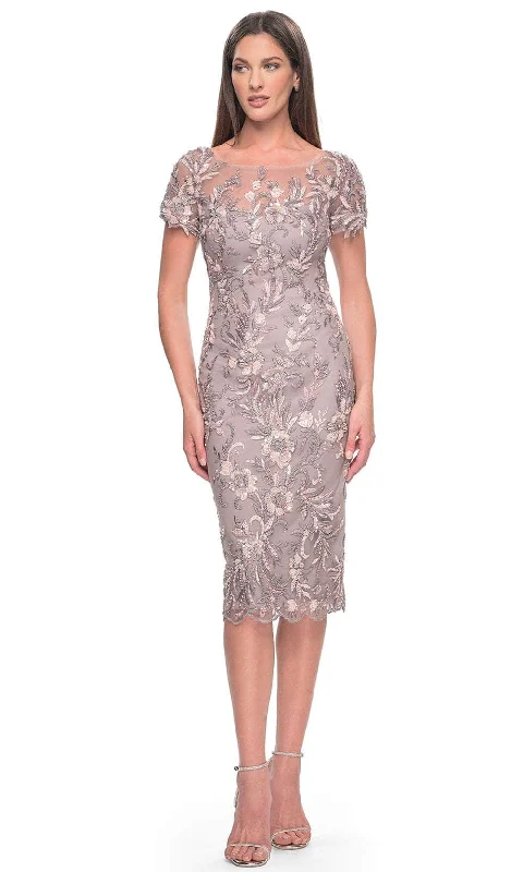 Extra Savings La Femme 31775 - Short Sleeve Floral Lace Applique Knee-Length Dress