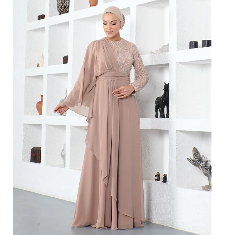 Deep Discounts Modest Formal Cape Dress G569 - Tan