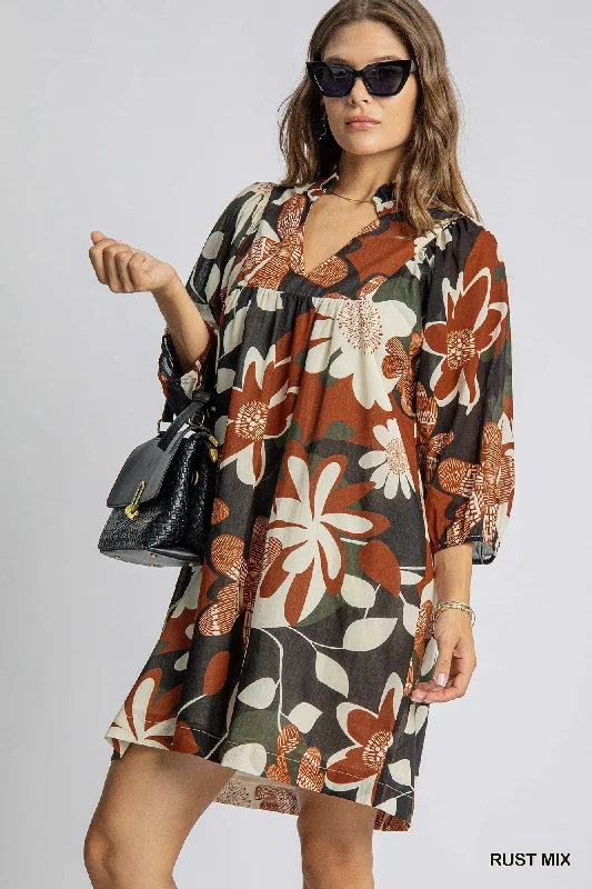 Blowout Sale Floral Print Dress - Rust Mix