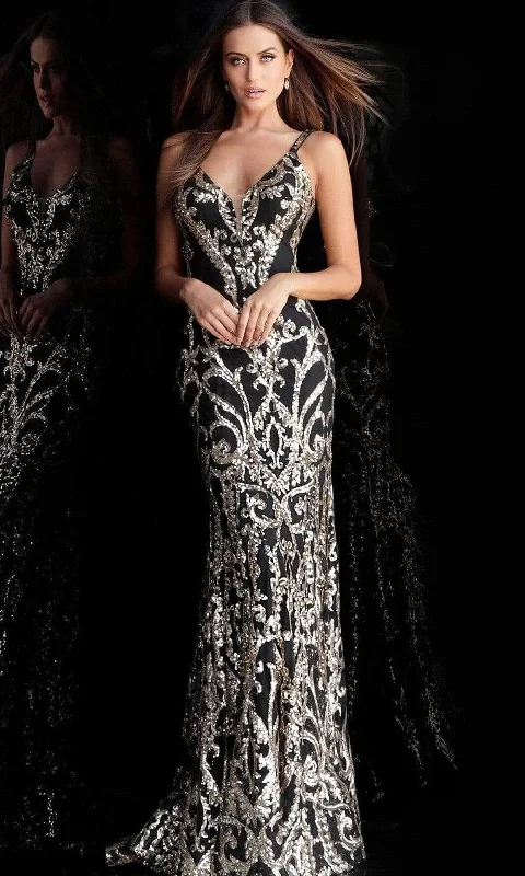 Act Fast Jovani 63350SC - Sequined V-Cut Back Long Gown