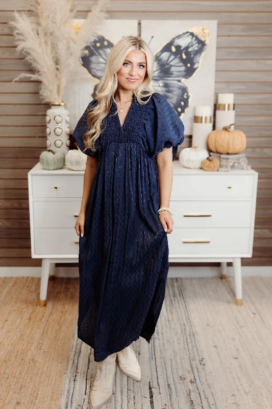 Daily Deals Navy Textured Puff Sleeve Button Down Midi Dress