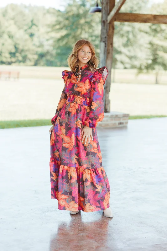 Big Discounts Fuchsia Fall Leaves Long Sleeve Maxi Dress