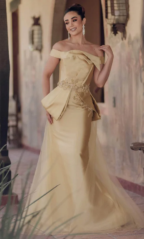 Hot Deal Terani Couture 232E1241 - Appliqued Off Shoulder Prom Gown