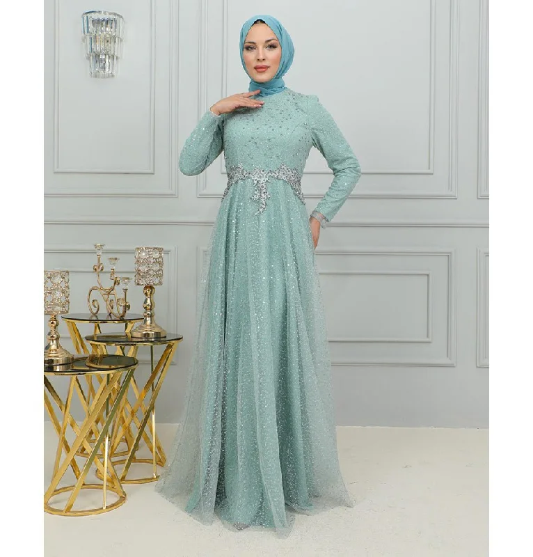 Savings Galore Modest Muslim Women’s Vine Embroidered Tulle Formal Dress with Rhinestones -G706 Mint Green Savings Galore Modest Muslim Women’s Vine Embroidered Tulle Formal Dress with Rhinestones -G706 Mint Green