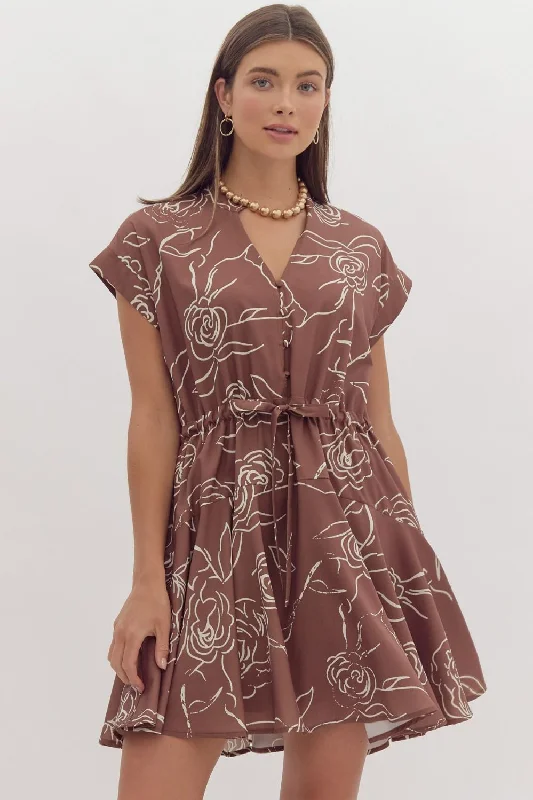 Anniversary Sale Floral Print Cap Sleeve Mini Dress - Brown