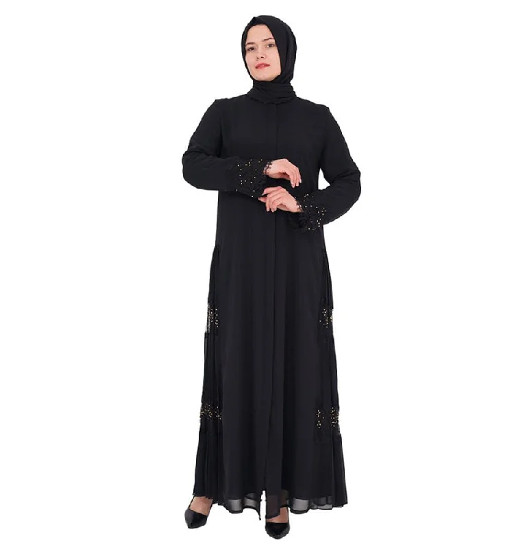 Price Slash Modest Women's Beaded Embroidered Lace Abaya - 153 Black