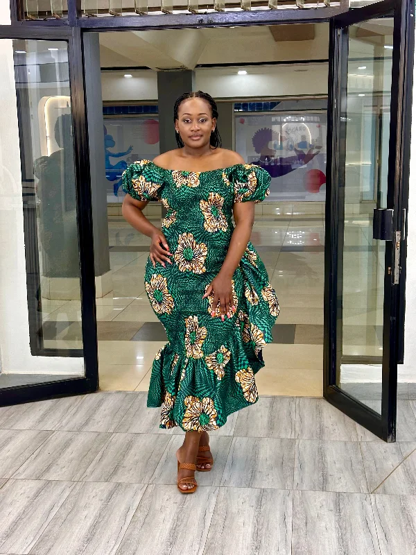 Epic Deals Seti Women's African Print Off-Shoulder Side Ruffle Dress - Green