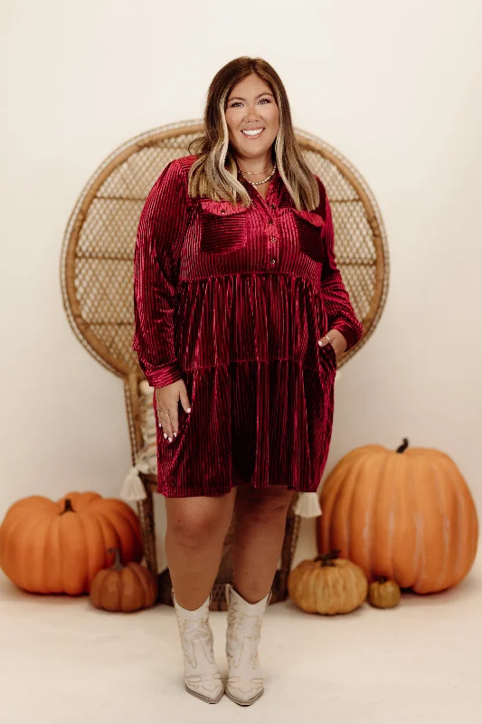Price Reduction Berry Velvet Textured Collared Button Down Dress