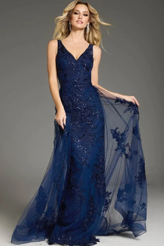 Year-End Sale Jovani 37600 - Floral Applique V-Shaped Back Evening Gown