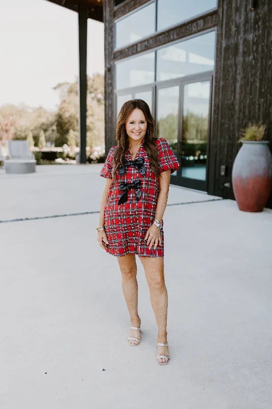 Bargain Prices Red Plaid Sequin Bow Detail Mini Dress