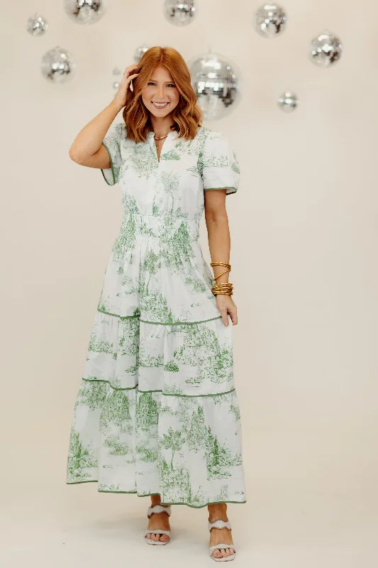 Hurry In Sea Green Notch Neck Short Sleeve Printed Midi Dress