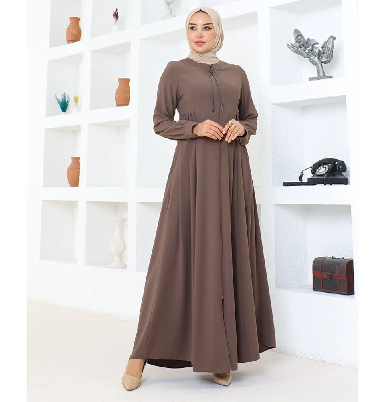 Don't Wait Modest Muslim Woman Pearled Twist Zip Up Abaya - 1113 Mink
