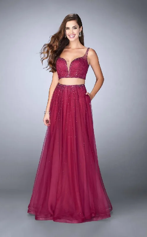 New Deals La Femme - 24304 Sparkling Sleeveless V-neck Two-piece A-line Dress