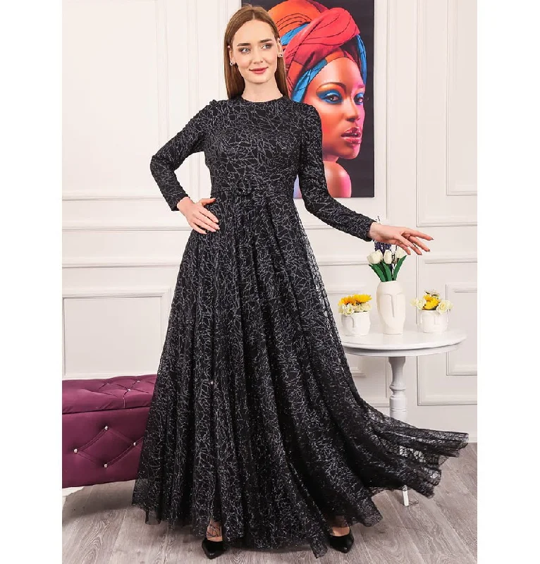 Instant Discount Modest Formal Glittery Geometric Dress 477 Black