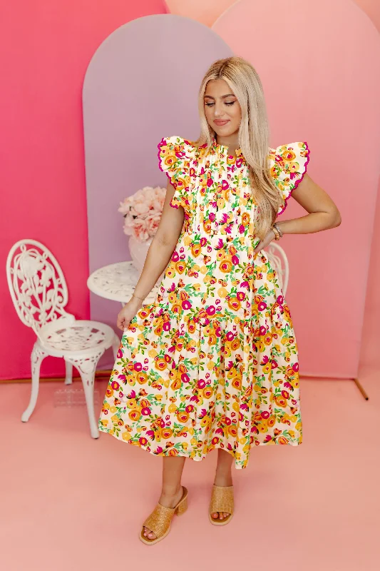 Daily Deals Pink Multi Floral Pleated Flutter Sleeve Midi Dress