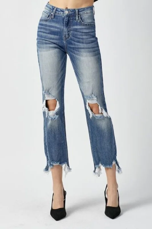 Limited Availability RISEN High Waist Distressed Frayed Hem Cropped Straight Jeans