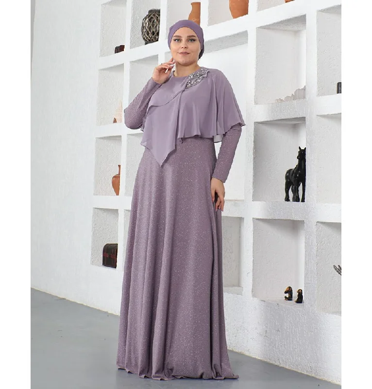 Today’s Deal Modest Muslim Women’s Embellished Elegant Draped Sleeve Evening Dress - G571 Lilac
