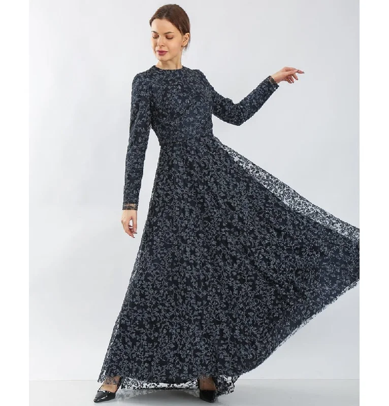 Price Break Modest Formal Vine Dress G481 Navy Blue