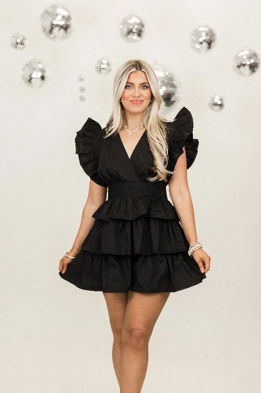 Time-Limited Offer Karlie Black Solid Wrap Ruffle Bottom Dress
