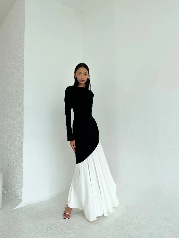 Deal Explosion Black/White Colorblock Asymmetrical Dress