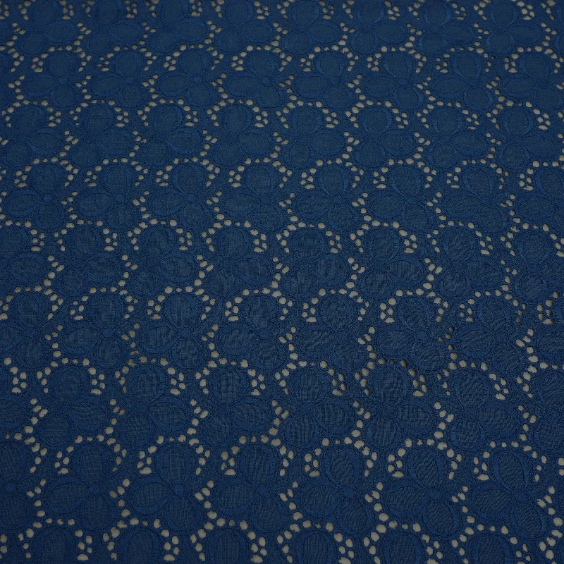 Blowout Sale Dark Blue Floral with Eyelet Embroidered Linen and Polyester Lace