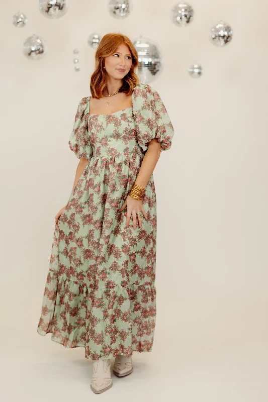 Deal Zone Light Green and Rose Floral Puff Sleeve Maxi Dress
