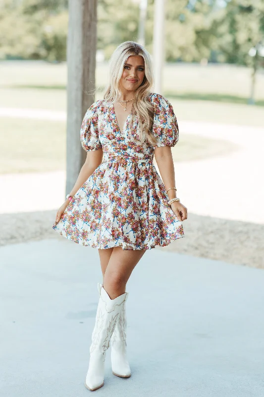 Exclusive Deal Ivory and Blue Floral Bow Puff Sleeve Dress