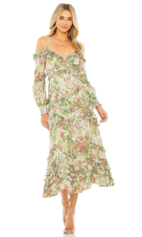 Stock Clearance Mac Duggal 8082 - Floral Printed Cold Shoulder Tea-Length Dress