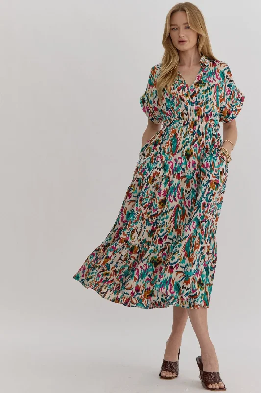 Limited Stock Satin Printed V-Neck Midi Dress - Ivory/Green