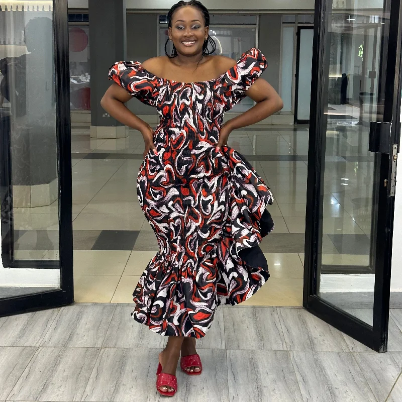 New Arrival Seti Women's African Print Off-Shoulder Side Ruffle Dress - Red