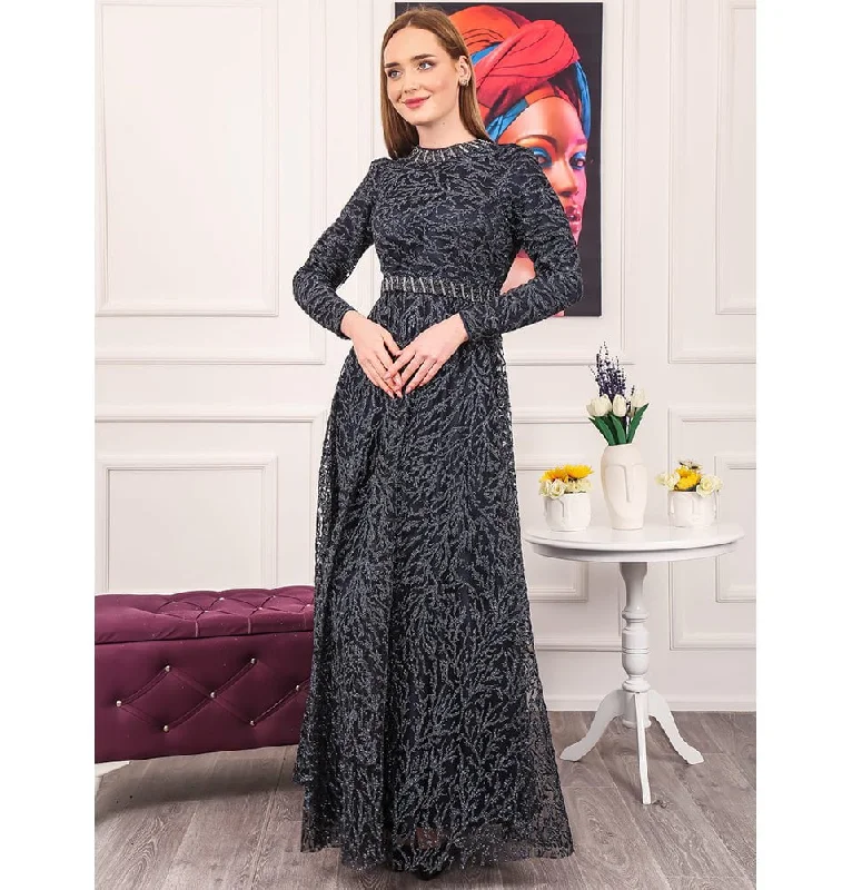 Stock Up and Save Modest Formal Shimmery Vine Dress G492 Navy Blue