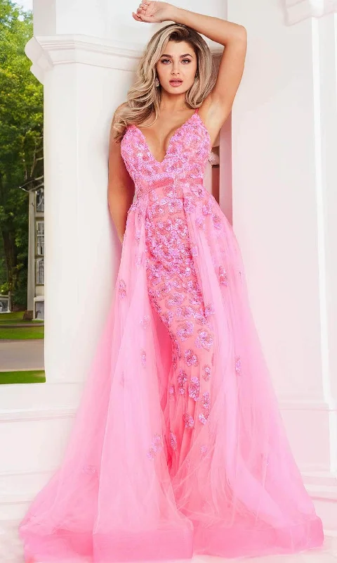 Best Bargains Jovani 62929 - Plunging Floral Beaded Prom Gown
