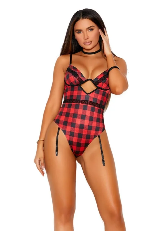 Reduced Prices Elegant Moments 77127, Buffalo plaid print mono wire teddiette with lace trim Reduced Prices Elegant Moments 77127, Buffalo plaid print mono wire teddiette with lace trim