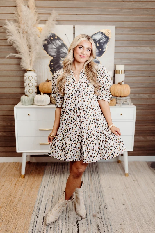 Final Markdown Almond Floral Scallop Trim Puff Sleeve Mini Dress