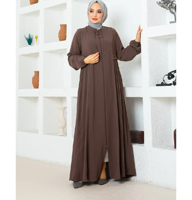 Great Deals Modest Muslim Women's Pleated Zip Up Abaya - 1114 Mink